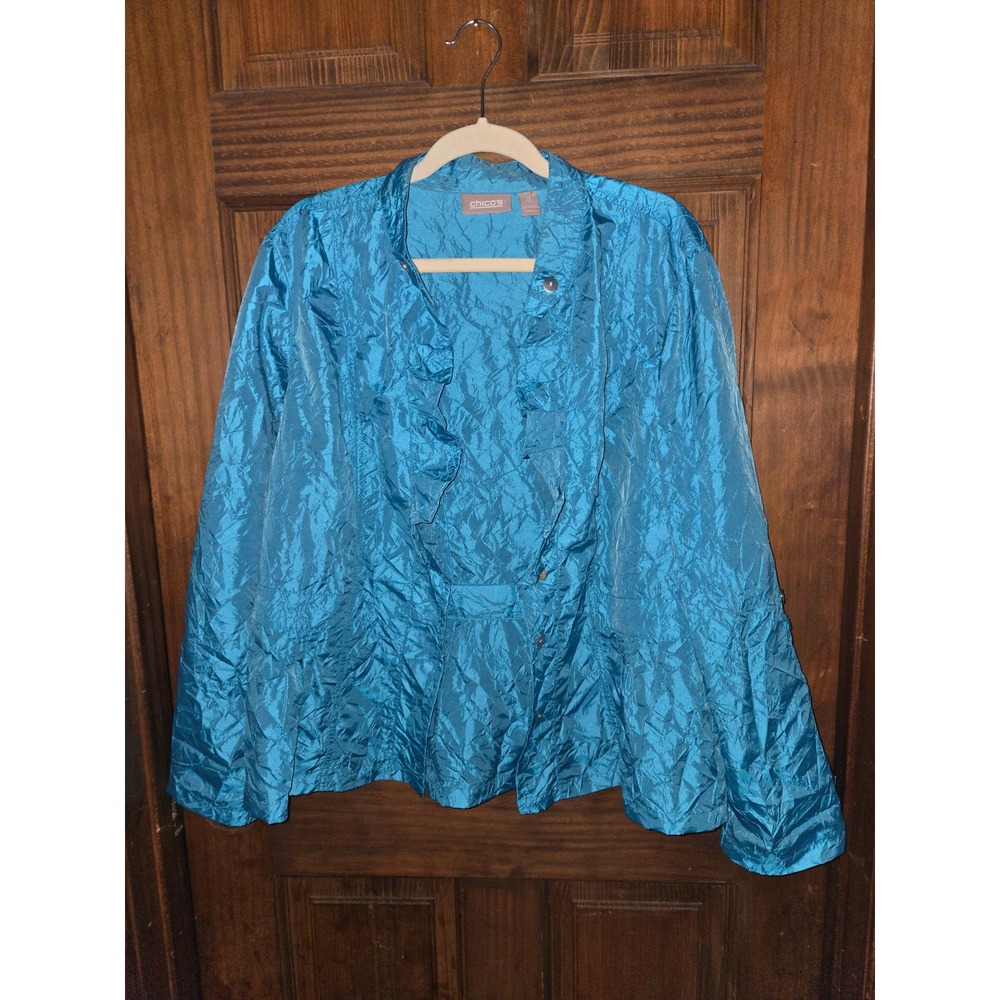 Chicos Blue Crinkle Ruffle Front Jacket Size 3 XL Lightweight Shimmer Peplum‎